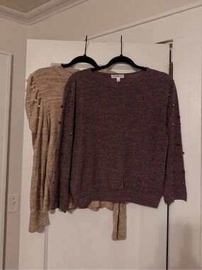 Roommates Pearl-Trim Crewneck Sweater Duo - Taupe & Plum